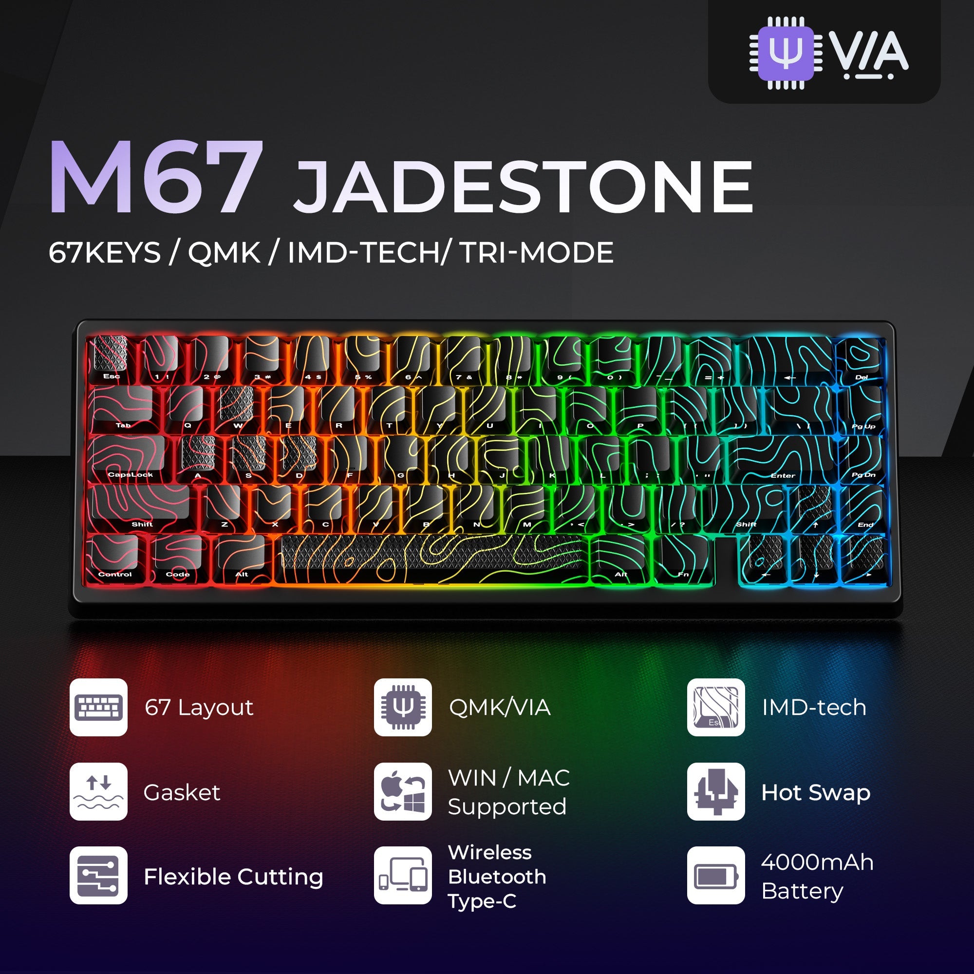 XVX M67 JadeStone VIA Tri-Mode Mechanical Keyboard with IMD-Tech Keycaps (Interstellar Black)